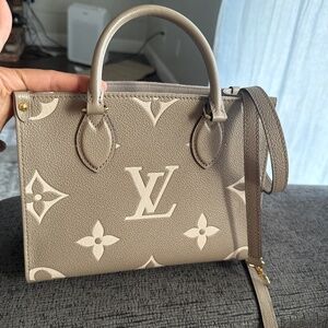 Louis Vuitton Onthego Tote PM Tourterelle Beige Cream Leather Monogram Empreinte